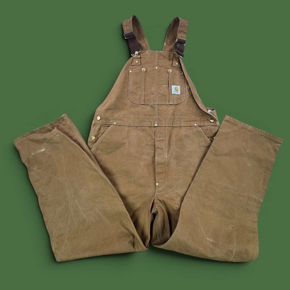 VTG Carhartt R01 BRN Distressed Work Duck Bib Overalls Double Knee USA 42x32